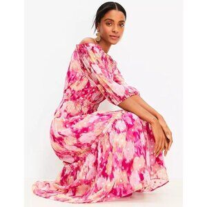 Loft Floral Ikat Clip Balloon Sleeve Off‎ The Shoulder Midi Dress S Metallic